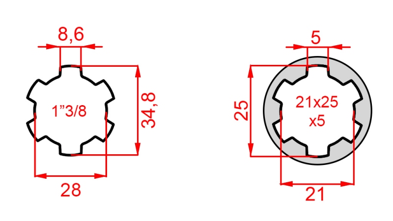 ADAPTADOR CARDÃ DE 21x25x5 (6 ESTRIAS) PARA 1-3/8 (140 mm)