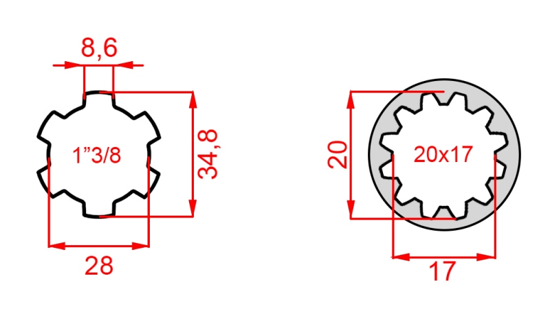 ADAPTADOR CARDÃ DE 20x17 (12 ESTRIAS) PARA 1-3/8 (120 mm)