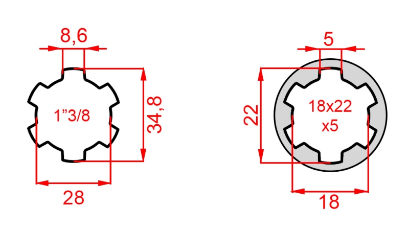 ADAPTADOR CARDÃ DE 18x22x5 (6 ESTRIAS) PARA 1-3/8 (120 mm)