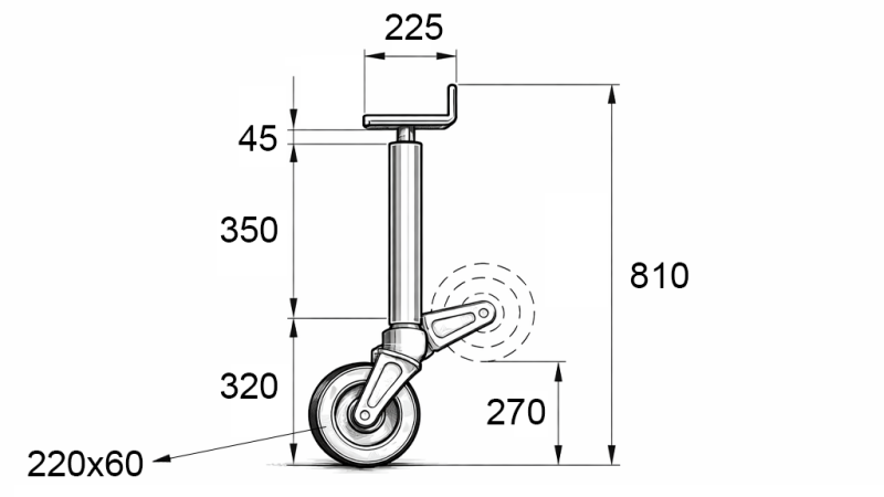 PERNA DE APOIO ROSCADA COM RODA (ALTURA 810 mm - CURSO 240 mm) - 700 kg