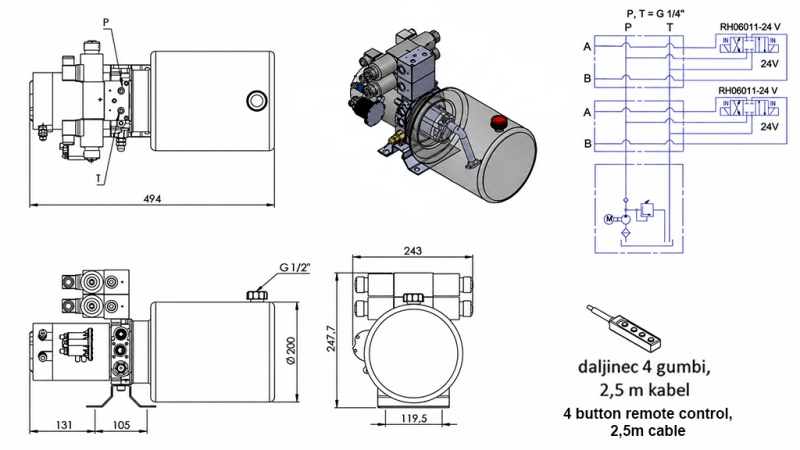 MINI HIDRAVLIČNI AGREGAT 24V DC - 2,2kW = 2,1cc - 8 lit - 2x dvosmerni sklop (kovinski)