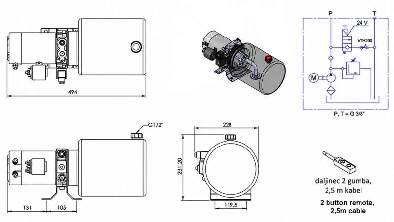 MINI HIDRAVLIČNI AGREGAT 24V DC - 2,2kW = 2,1cc - 8 lit - enosmerni sklop (kovinski)