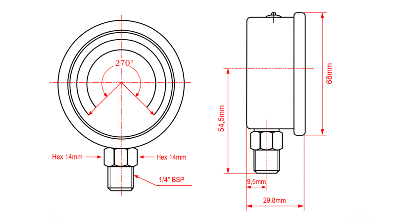 MANÔMETRO DN63 VERTICAL 0 - 10 BAR - 1/4