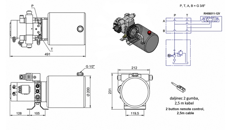 MINI HIDRAVLIČNI AGREGAT 12V DC - 1,6kW = 2,1cc - 8 lit - dvosmerni sklop (kovinski)
