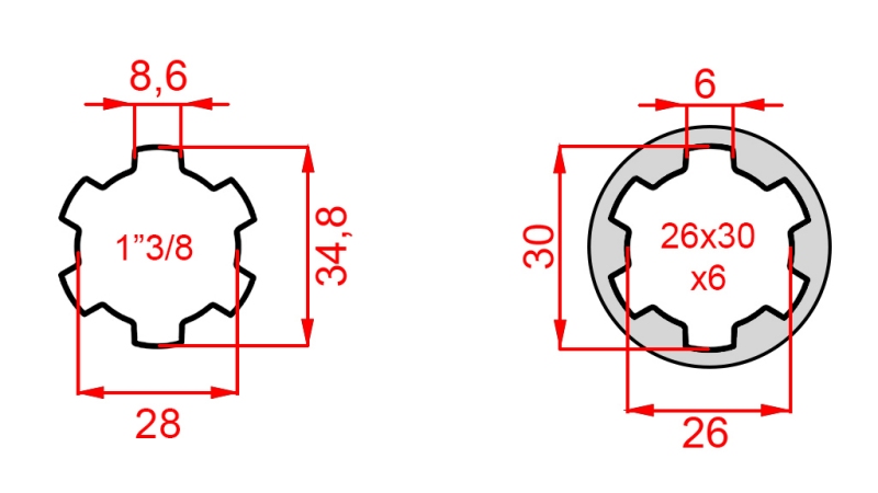 ADAPTADOR CARDÃ DE 26x30x6 (6 ESTRIAS) PARA 1-3/8 (140 mm)