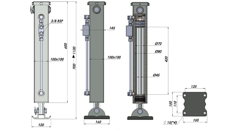 PERNA DE APOIO HIDRÁULICA DE DUPLA AÇÃO (100x100x700 mm) - CURSO 420 mm - 5.000 kg