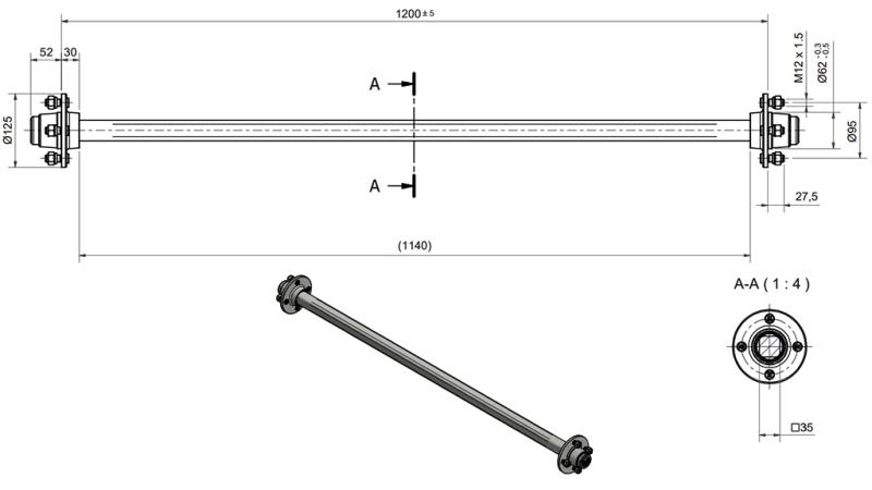 EIXO PARA REBOQUE SEM FREIOS - 950 kg - 1200 mm