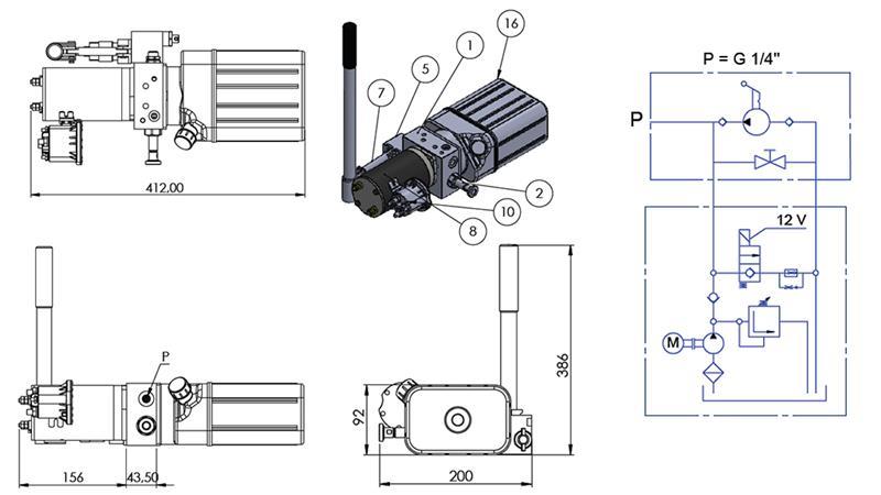 AGREGADO HIDRÁULICO MINI 12V DC - 0.8kW = 0.5cc - 1.5 lit - unidade monofásica (PVC) com bomba manual