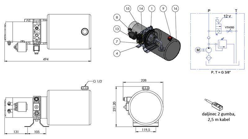 AGREGADO HIDRÁULICO MINI 12V DC - 1.6kW = 2.1cc - 8 lit - montagem de direção única (metal)