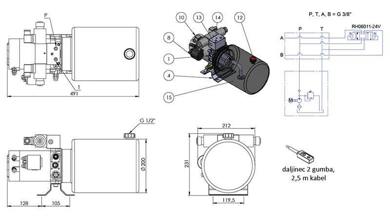 AGREGADO HIDRÁULICO MINI 24V DC - 2.2kW = 2.1cc - 8 lit - montagem de direção dupla (metal)