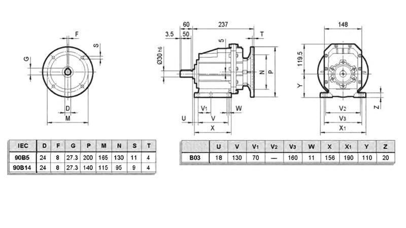 REDUTOR ERC03 PARA MOTOR ELÉTRICO MS90 (1.1-1.5kW) RAZÃO 25:1
