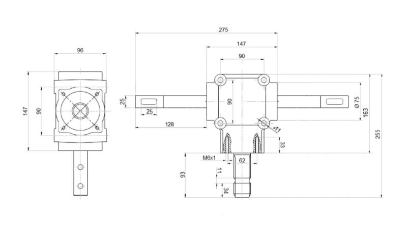 REDUTOR DE ÂNGULO EIXO DUPLO 1: 1.14 (27HP-20kW)