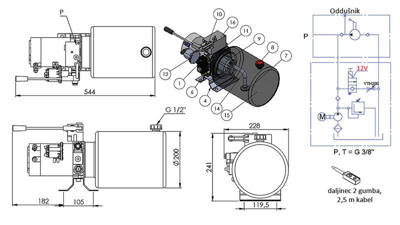 AGREGADO HIDRÁULICO MINI 12V DC - 1.6kW = 2.1cc - 8 lit - montagem de direção única COM BOMBA MANUAL