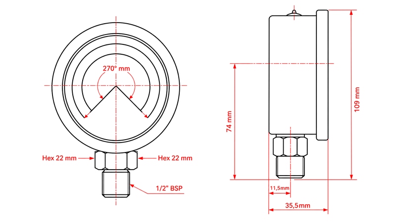 MANÔMETRO DN100 VERTICAL 0 - 160 BAR - 1/2