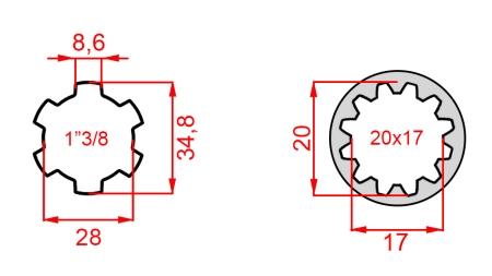 ADAPTADOR CARDÃ DE 20x17 (12 ESTRIAS) PARA 1-3/8 (120 mm)