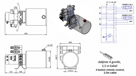 MINI HIDRAVLIČNI AGREGAT 24V DC - 2,2kW = 2,1cc - 8 lit - 2x dvosmerni sklop (kovinski)