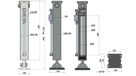 PERNA DE APOIO HIDRÁULICA DE DUPLA AÇÃO (100x100x700 mm) - CURSO 420 mm - 5.000 kg
