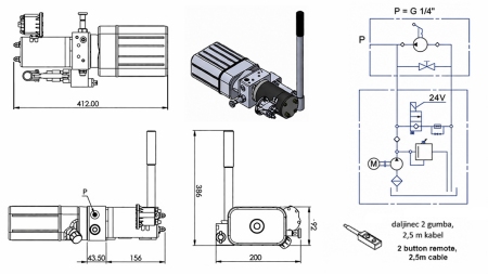 MINI HIDRAVLIČNI AGREGAT 24V DC - 0,8kW = 0,5cc - 1,5 lit - enosmerni sklop (PVC) z ročno črpalko