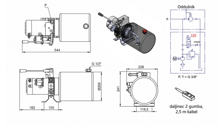 MINI HIDRAVLIČNI AGREGAT 12V DC - 1,6kW = 2,1cc - 8 lit - enosmerni sklop Z ROČNO ČRPALKO