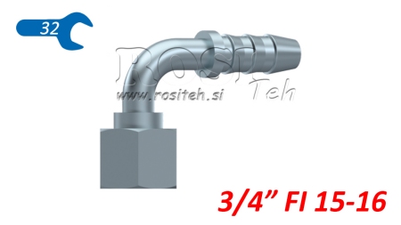 CONECTOR FEMEA HIDRÁULICO 3/4 CURVA 90° PARA MANGUEIRA DE BORRACHA Φ 15-16