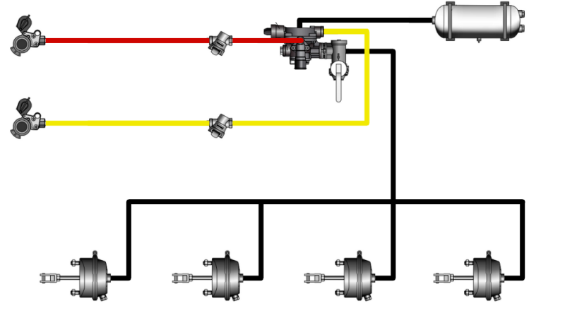 CONJUNTO DE FREIOS A AR-HIDRÁULICOS PARA REBOQUE SISTEMA COMPLETO DE CIRCUITO DUPLO 4 CILINDROS