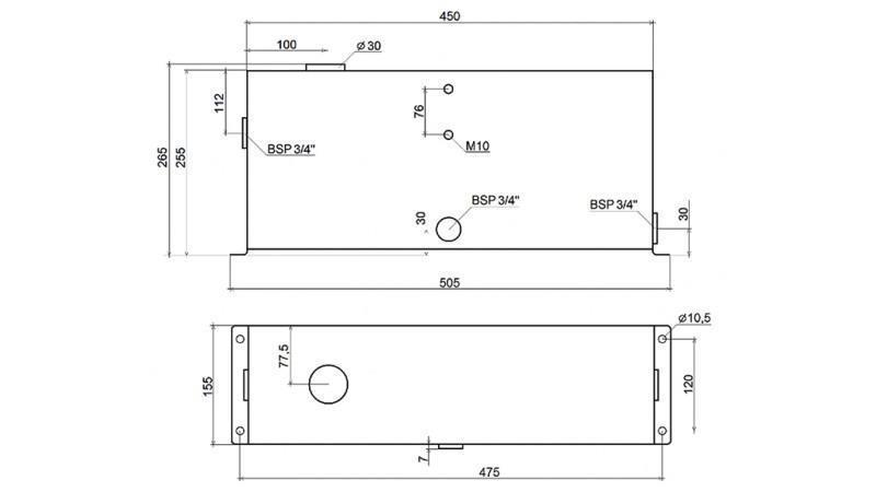 RESERVATÓRIO METÁLICO 12 LITROS CUBO 255x120x450mm