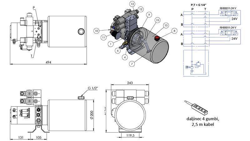 AGREGADO HIDRÁULICO MINI 24V DC - 2.2kW = 2.1cc - 8 lit - montagem bidirecional 2x (metal)