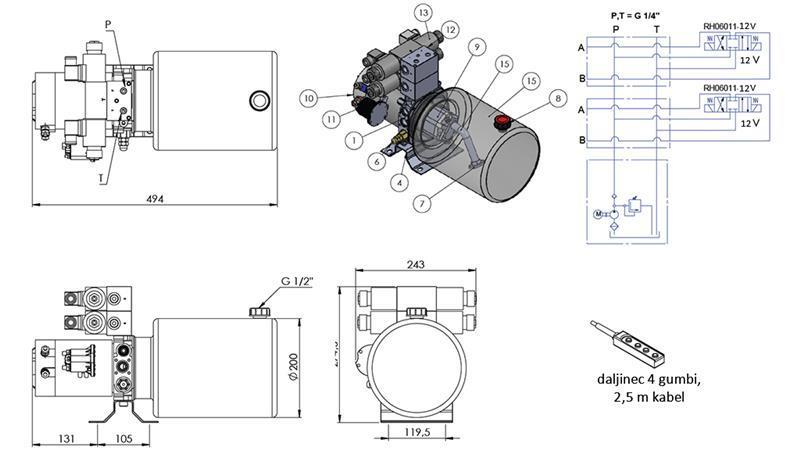 AGREGADO HIDRÁULICO MINI 12V DC - 1.6kW = 2.1cc - 8 lit - montagem bidirecional 2x (metal)