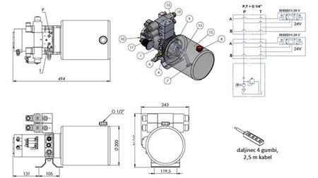 AGREGADO HIDRÁULICO MINI 24V DC - 2.2kW = 2.1cc - 8 lit - montagem bidirecional 2x (metal)